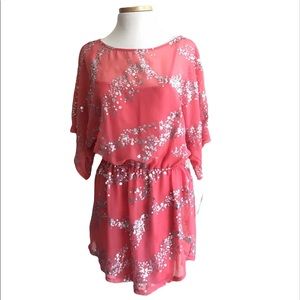 Aqua Chiffon Blouson Silver Sequin Short Sleeves Mini Dress Coral Pink Large NWT